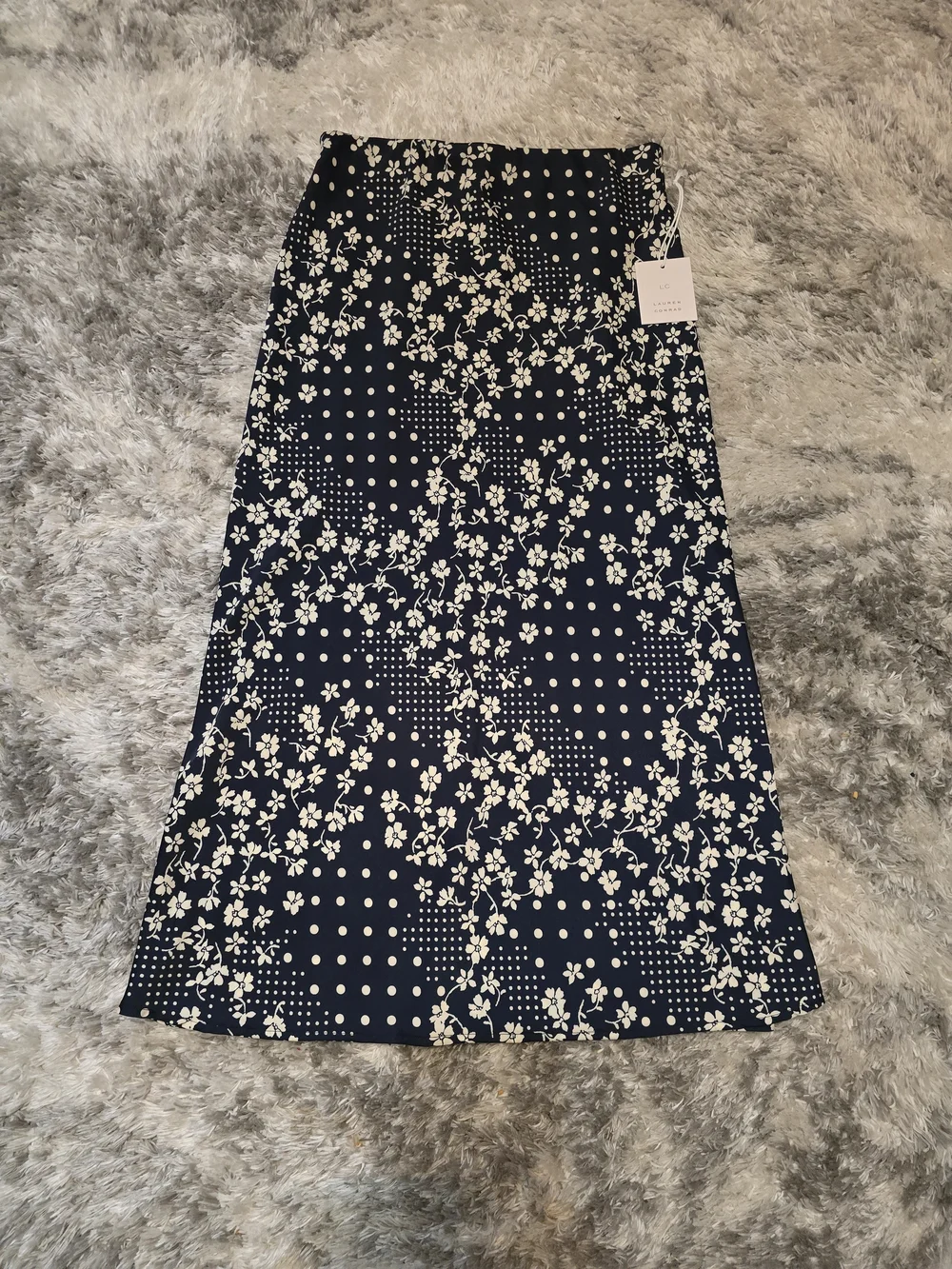 Lauren Conrad Navy Midi Skirt with Cream Floral & Dot Print